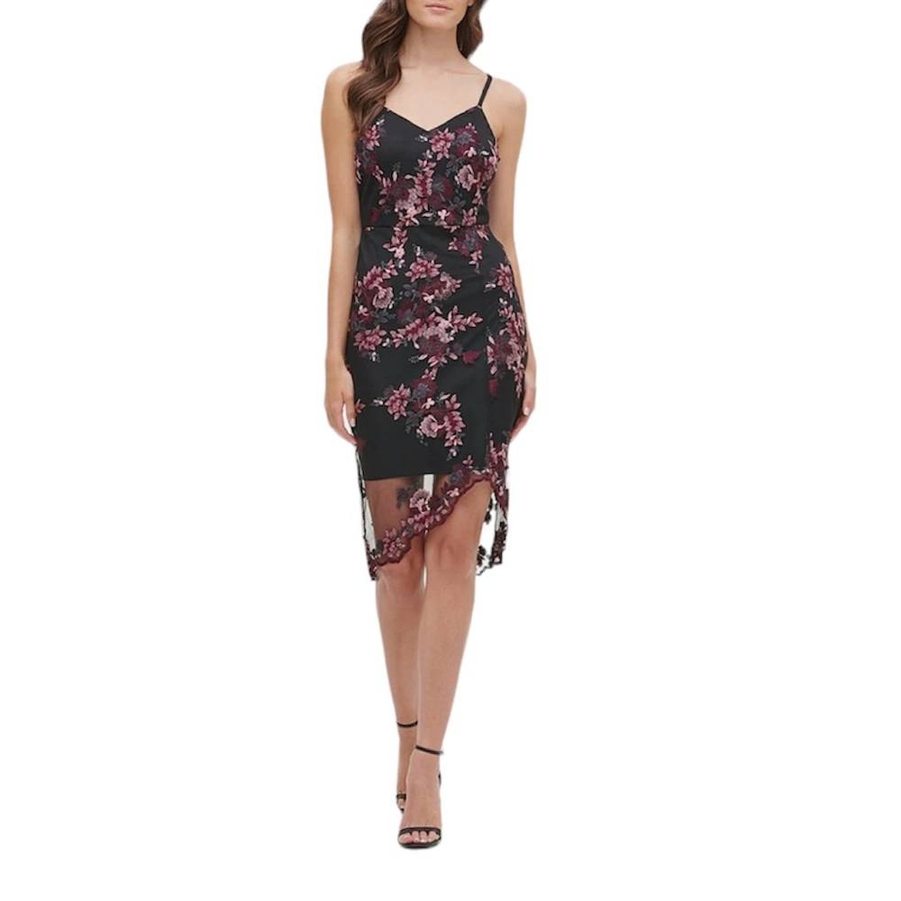NWT Floral Embroidered V-Neck Sleeveless Scalloped Hem Sheath Dress, Siz…